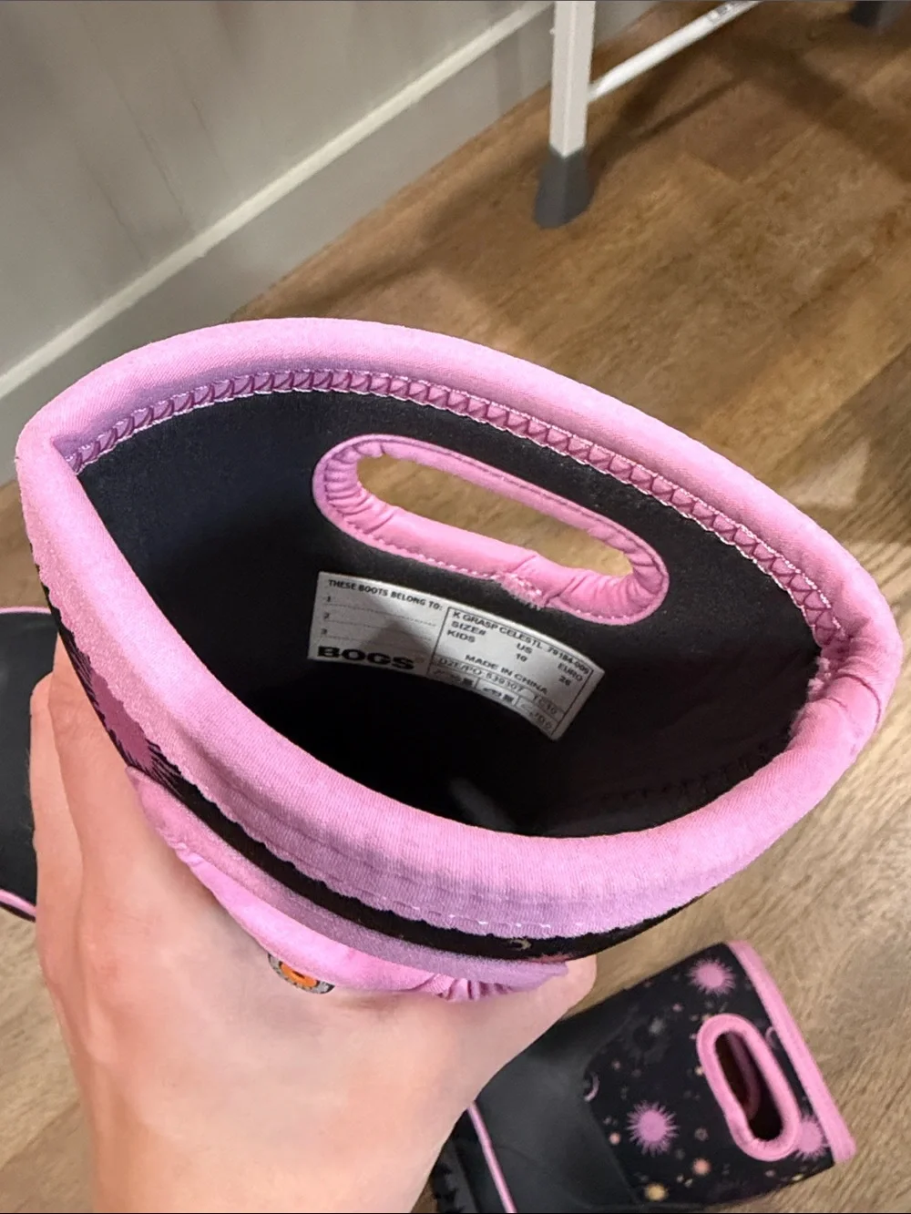 Bogs Kids Black Rain Boots with Pink Trim and Starburst Print NWOT